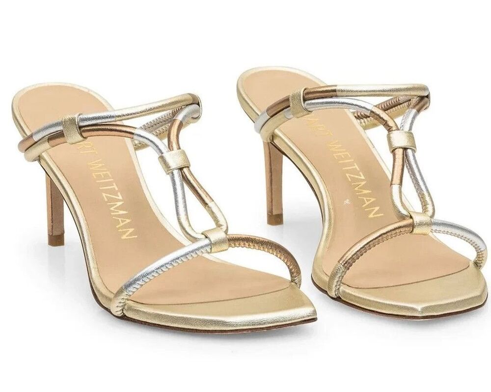 NEW Stuart Weitzman Metallic Woven Knot Strappy Heels Gold Silver 9